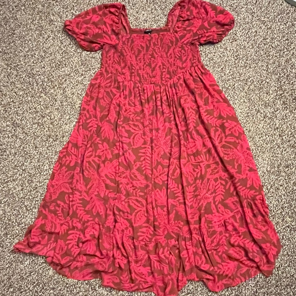 Torrid Red/Pink And Brown Puff Sleeve Smocked Dress, Size 0X